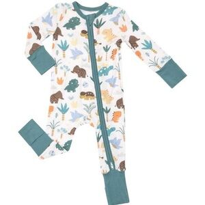 Dinosaur Print bamboo fold over hands and feet Pajama - Green and White